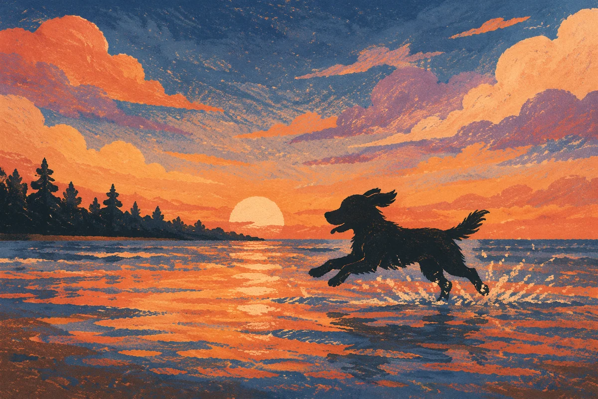 Playful Dog Splashing at Sunset Beach