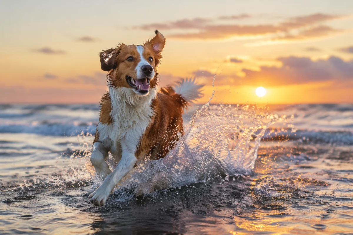 Joyful Dog Running Through Beach Sunset