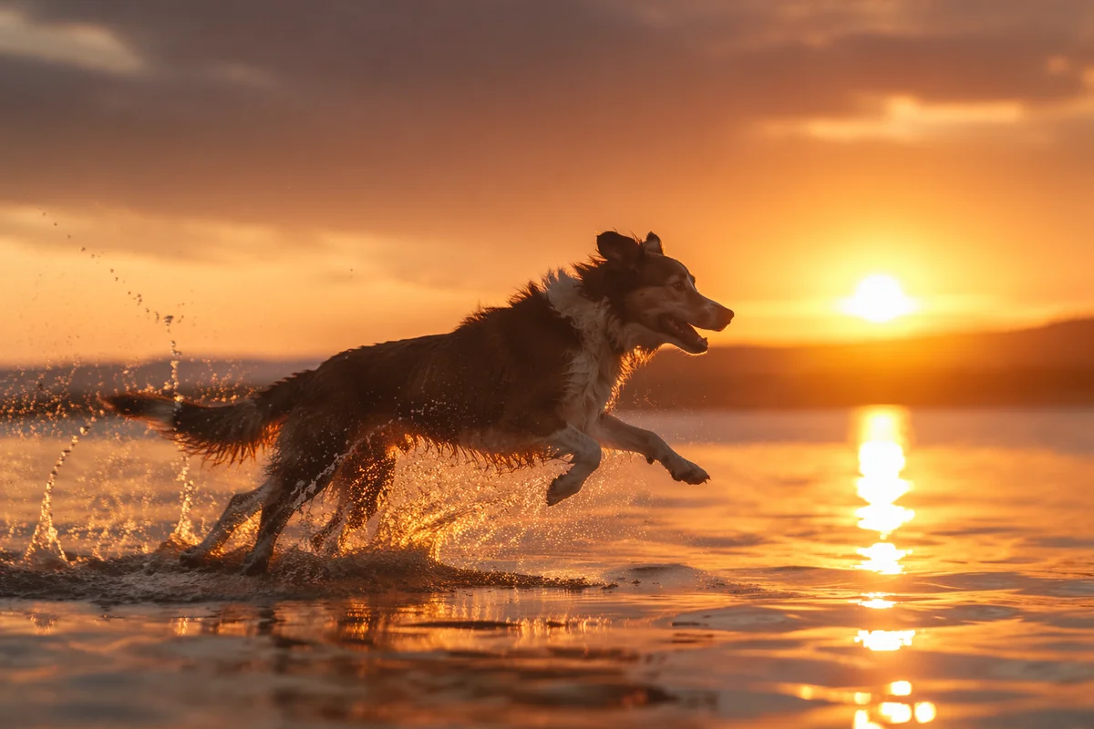Joyful Dog Running Through Sunset Surf