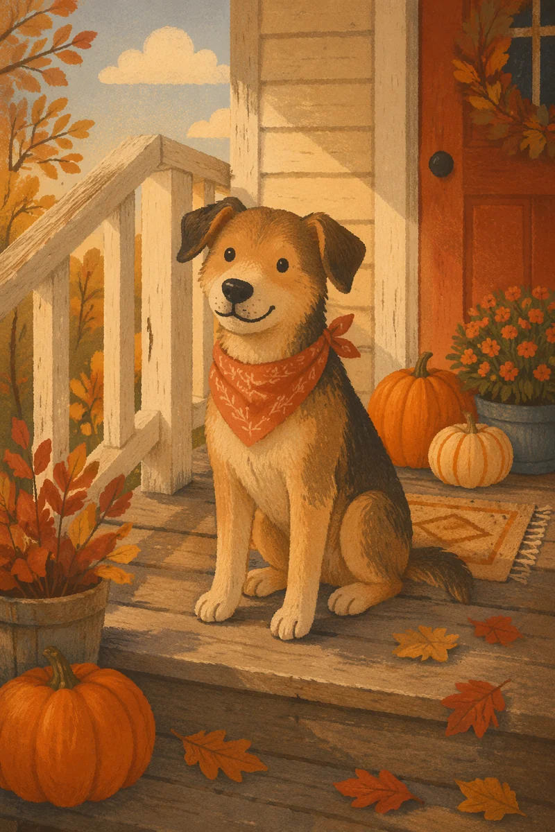 Dog with Bandana on Autumn Porch