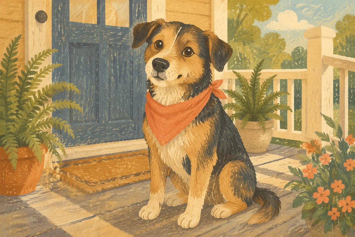 Friendly Dog with Bandana on Porch