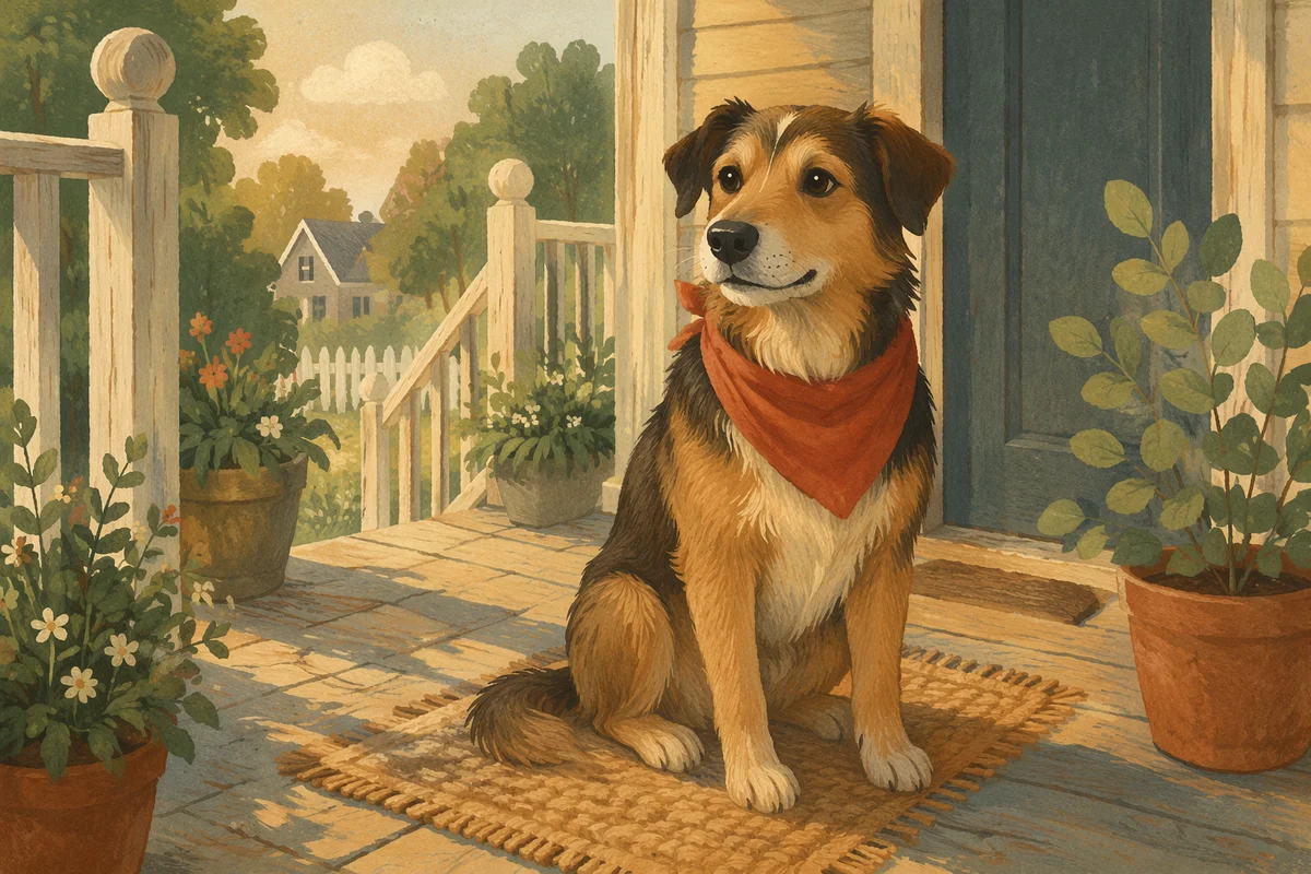 Friendly Dog with Bandana on Porch