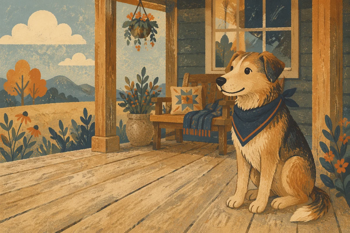 Friendly Dog with Bandana on Porch