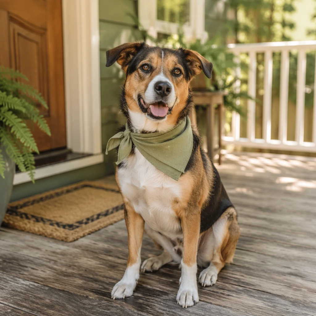 Friendly Dog with Bandana on Porch