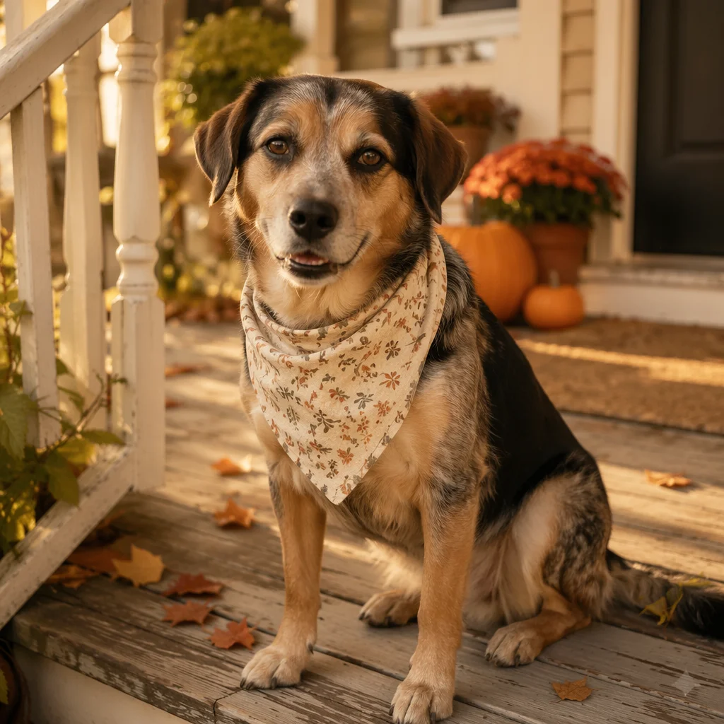 Friendly Dog with Bandana on Autumn Porch