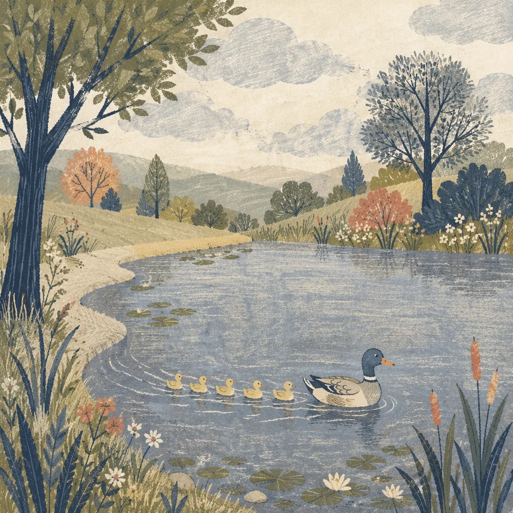 Mother Duck and Ducklings on Spring Pond