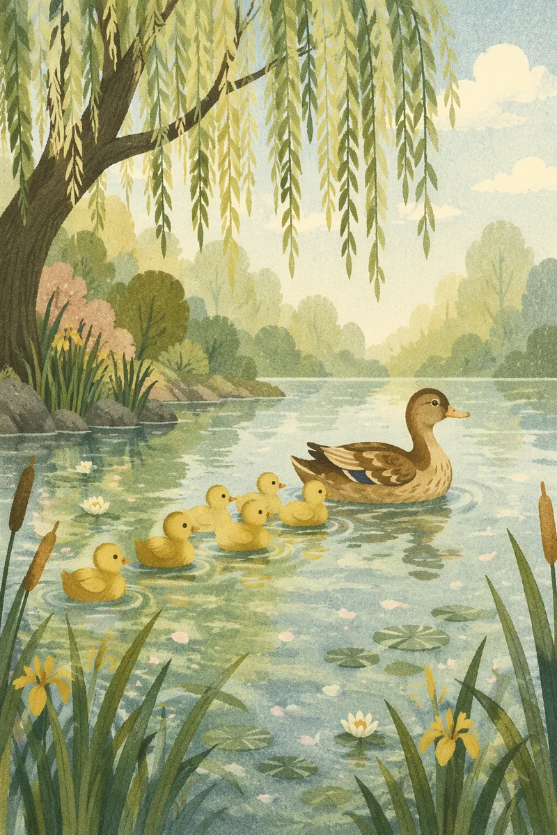 Duck Family Gliding Across Spring Pond