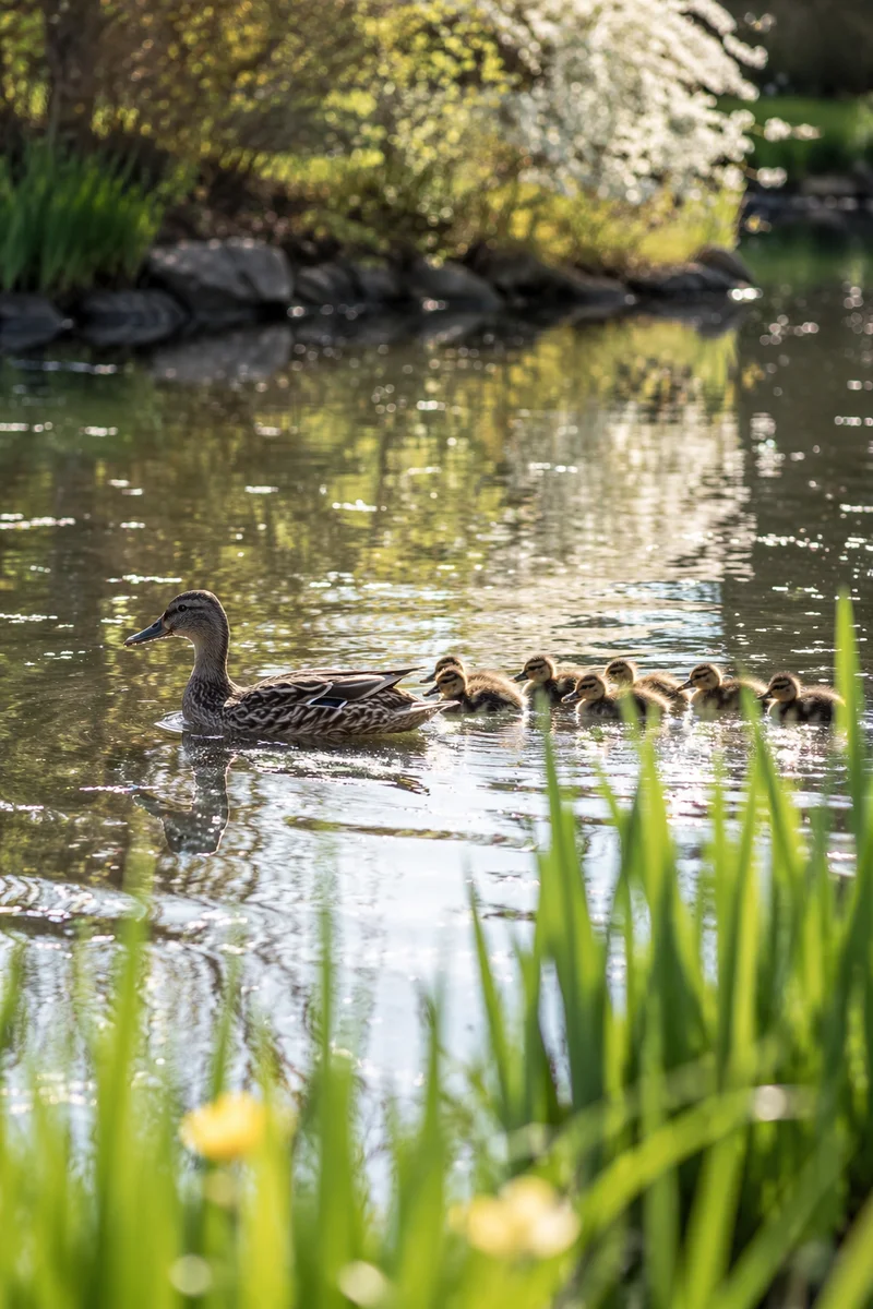 Duck Family Swimming on Spring Pond