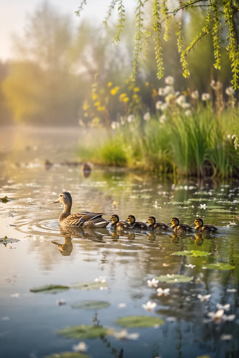 Mother Duck and Ducklings at Sunrise