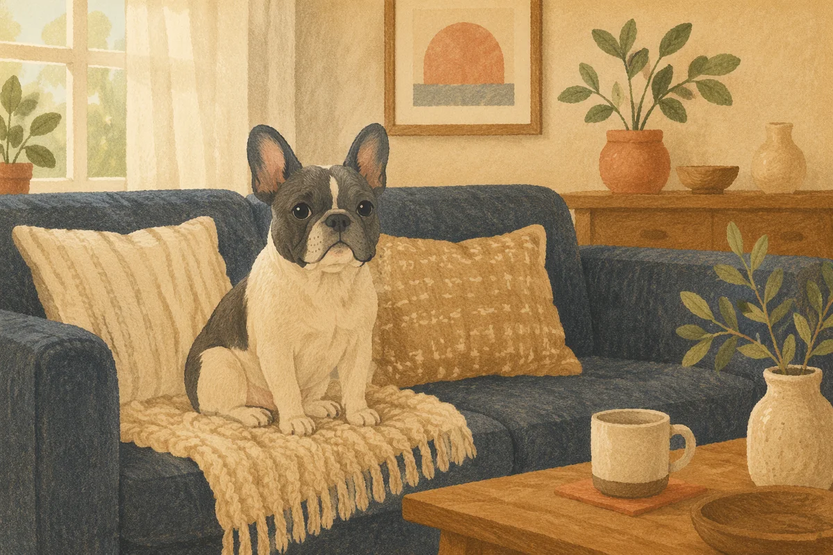 Cozy French Bulldog on Linen Sofa
