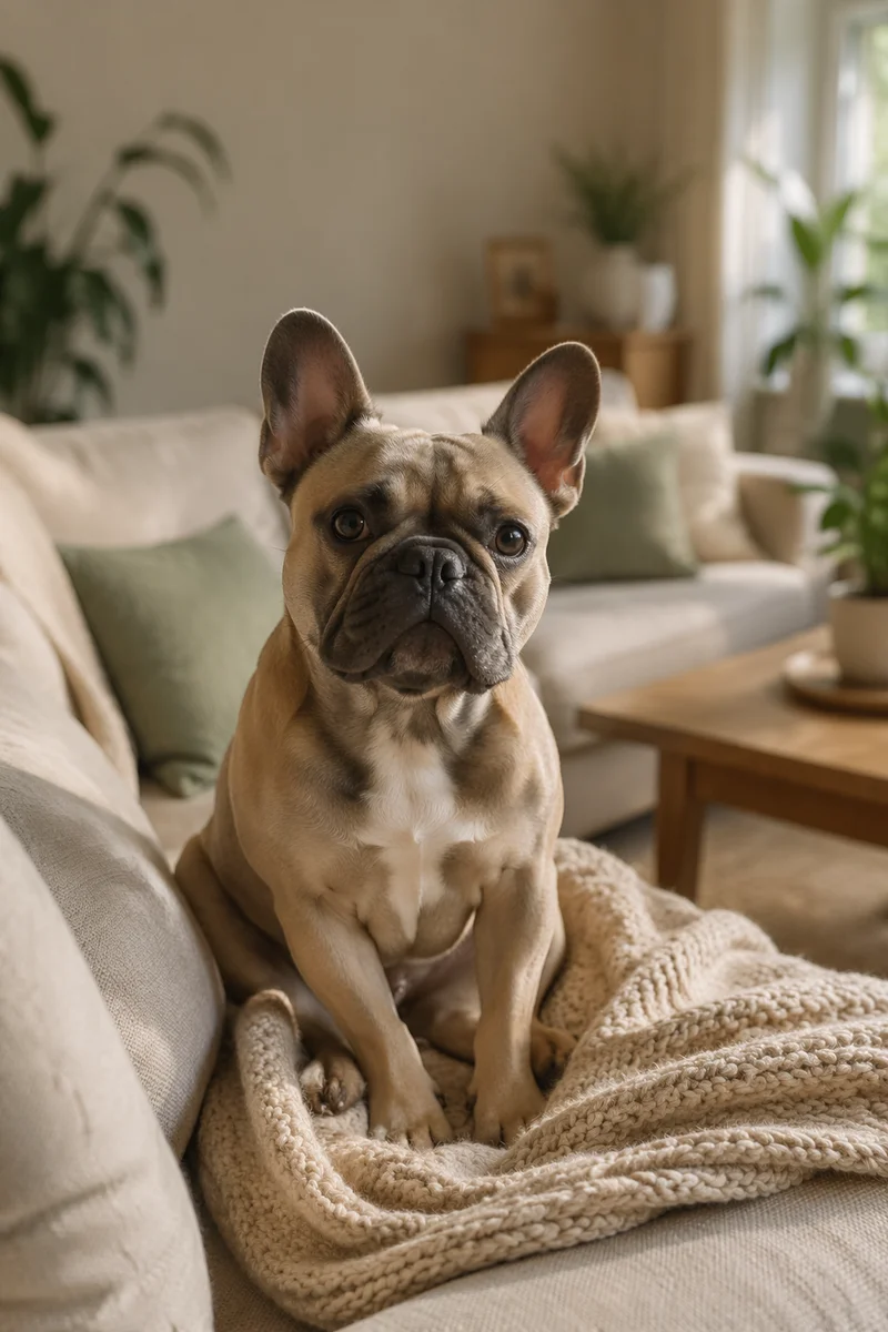 Cozy French Bulldog on Linen Sofa