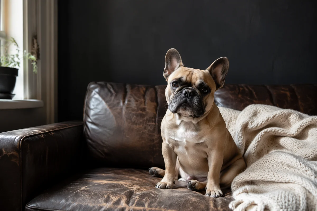 Cozy French Bulldog on Leather Sofa
