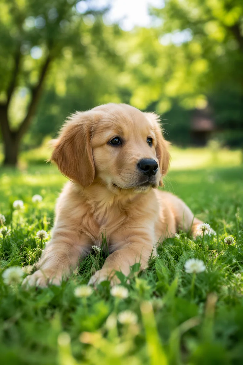 Golden Retriever Puppy Resting on Sunny Grass