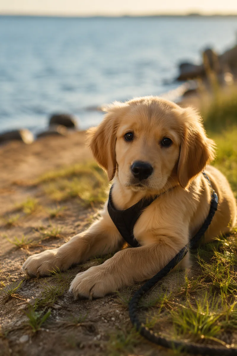Golden Retriever Puppy Resting by Sunny Shore