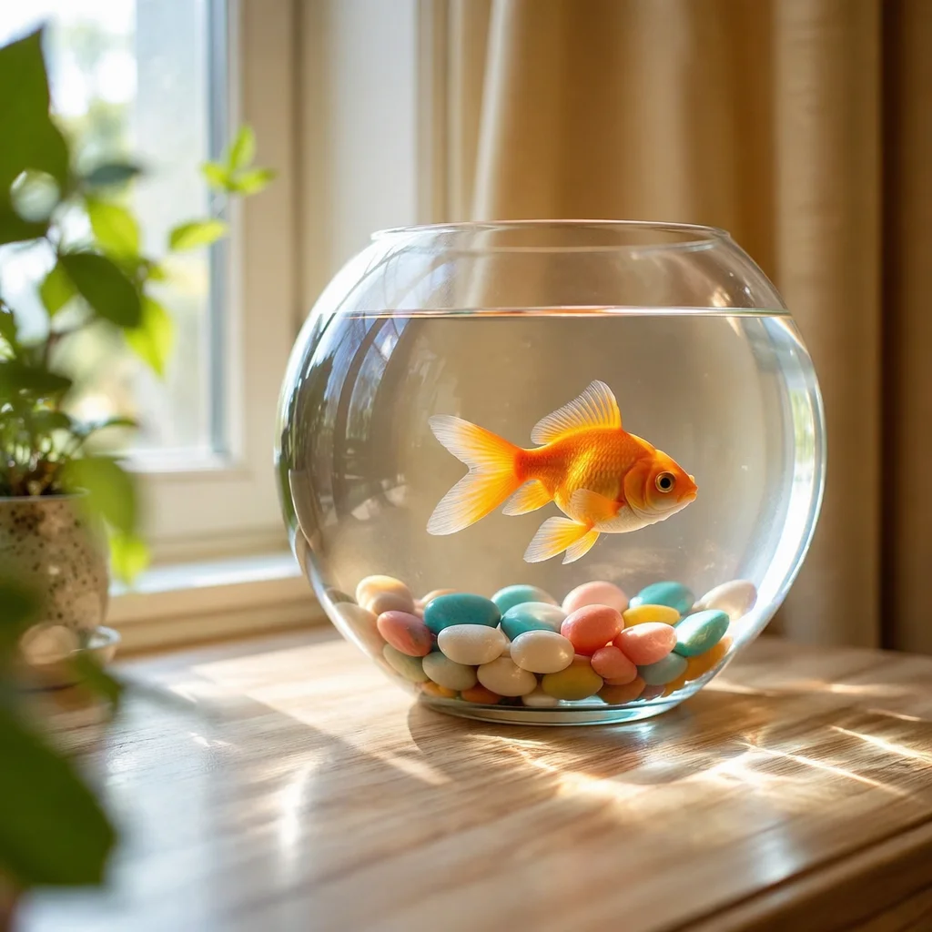 Orange Goldfish in Sunlit Round Bowl