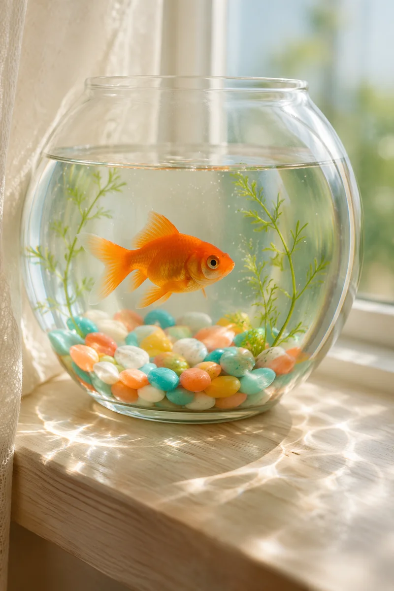 Orange Goldfish in Sunlit Round Bowl