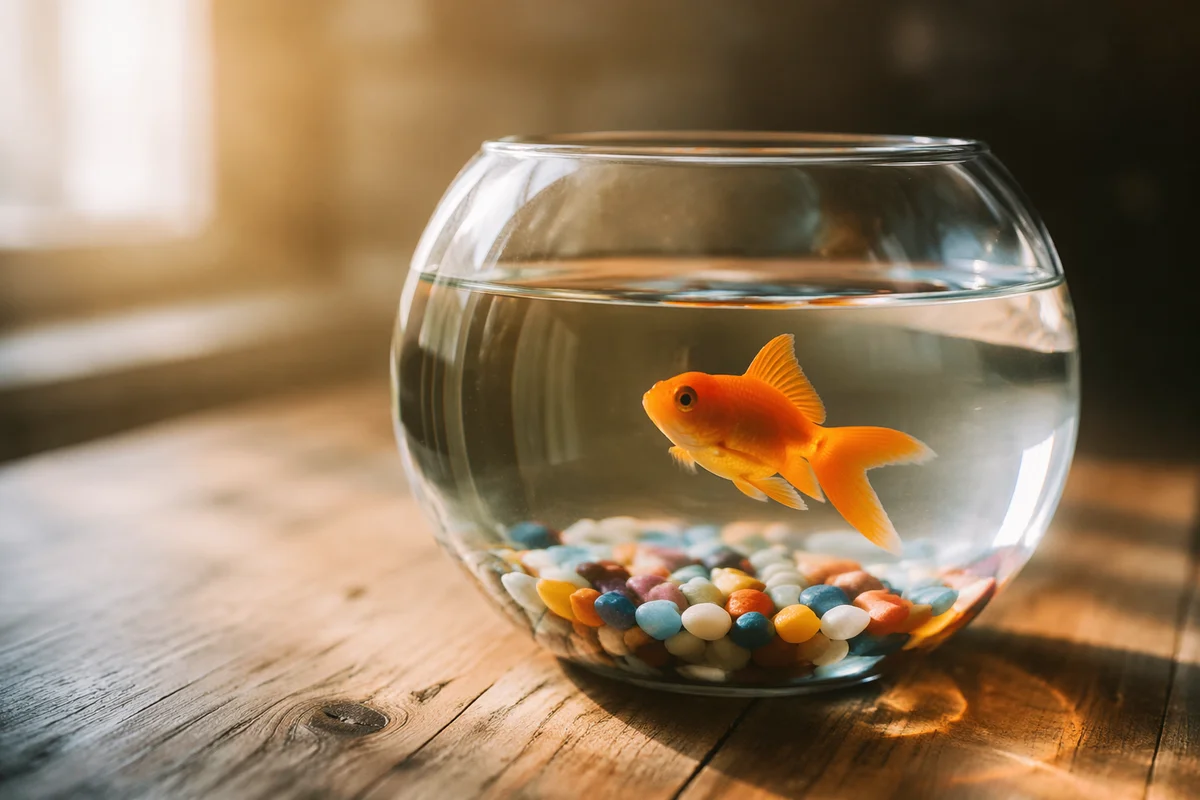 Orange Goldfish in Round Glass Bowl