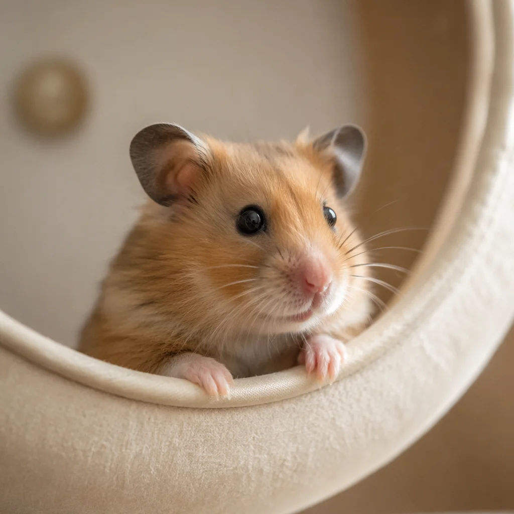 Curious Hamster in Exercise Wheel Close Up
