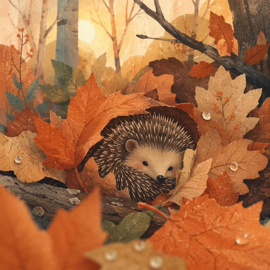 Cute Hedgehog Curled in Autumn Leaves