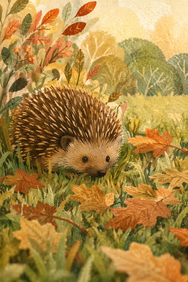 Cute Hedgehog Curled Among Autumn Leaves