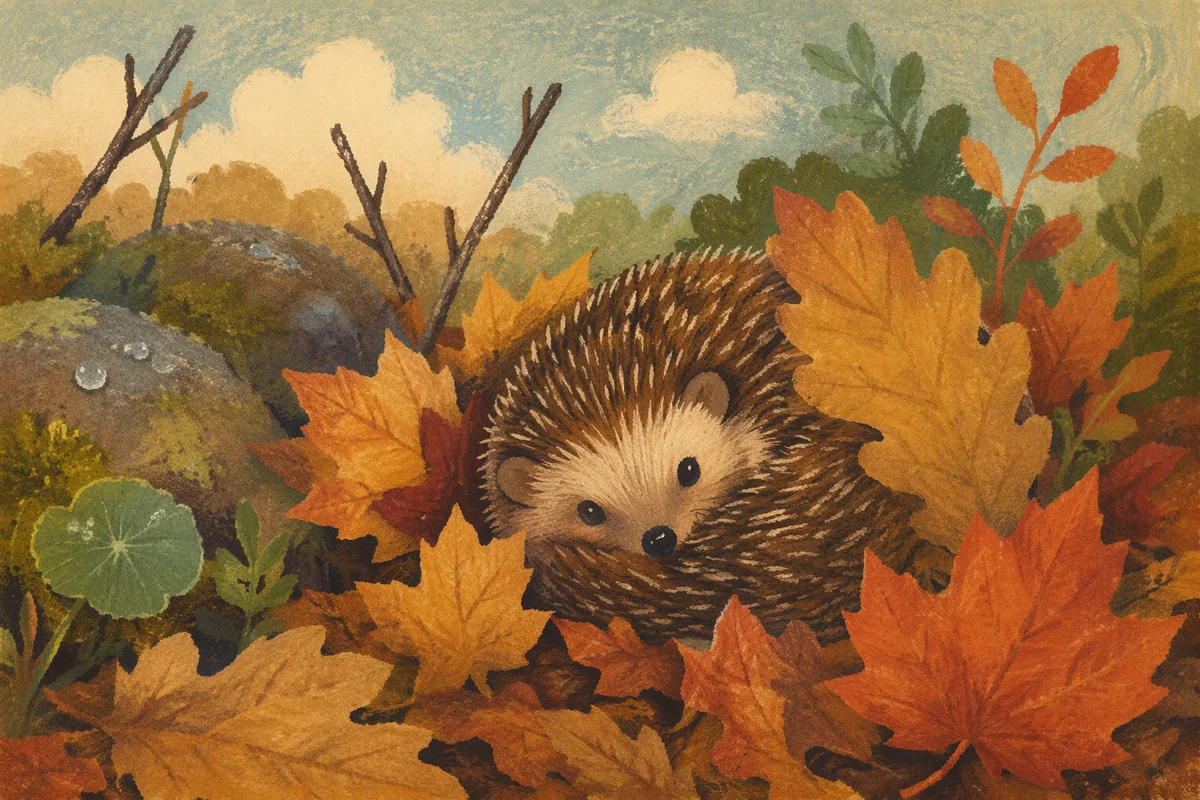 Cute Hedgehog Curled in Autumn Leaves