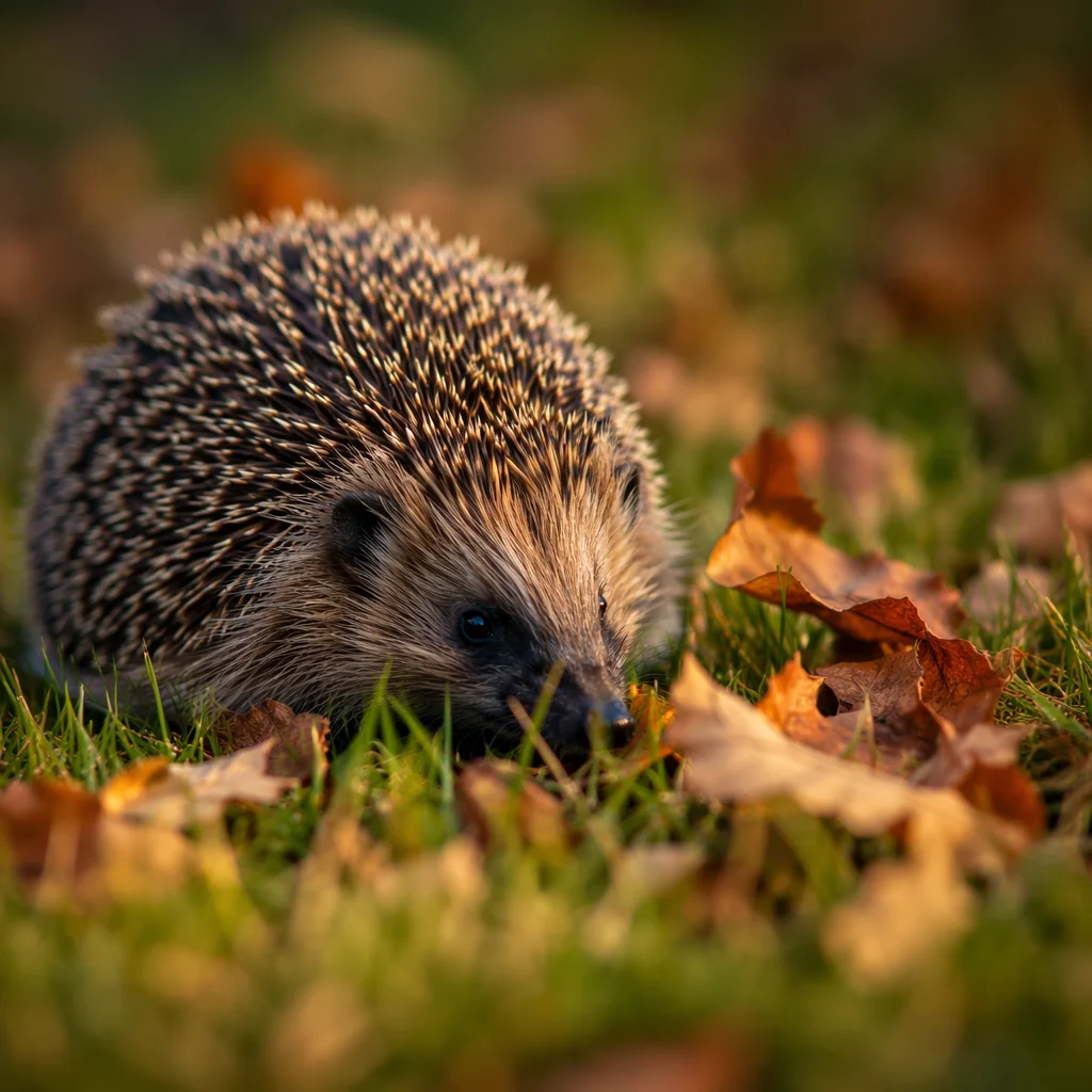 Cute Hedgehog Curled Among Autumn Leaves