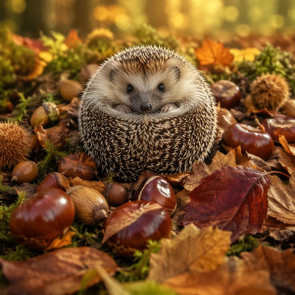 Cute Hedgehog Curled in Autumn Leaves