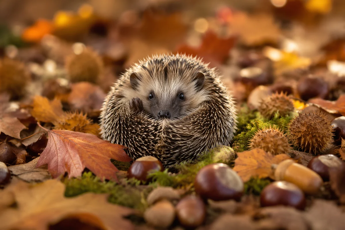 Cute Hedgehog Curled in Autumn Leaves