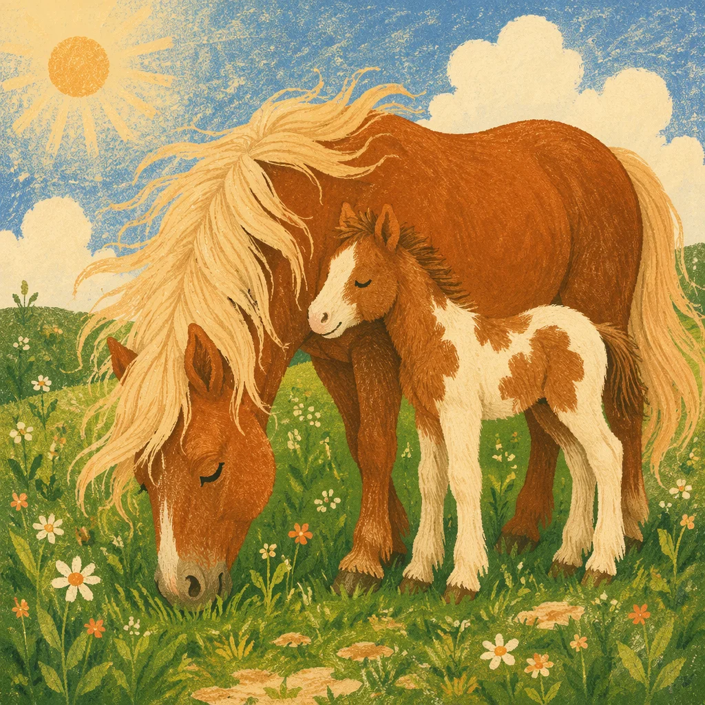 Chestnut Mare and Foal in Spring Pasture