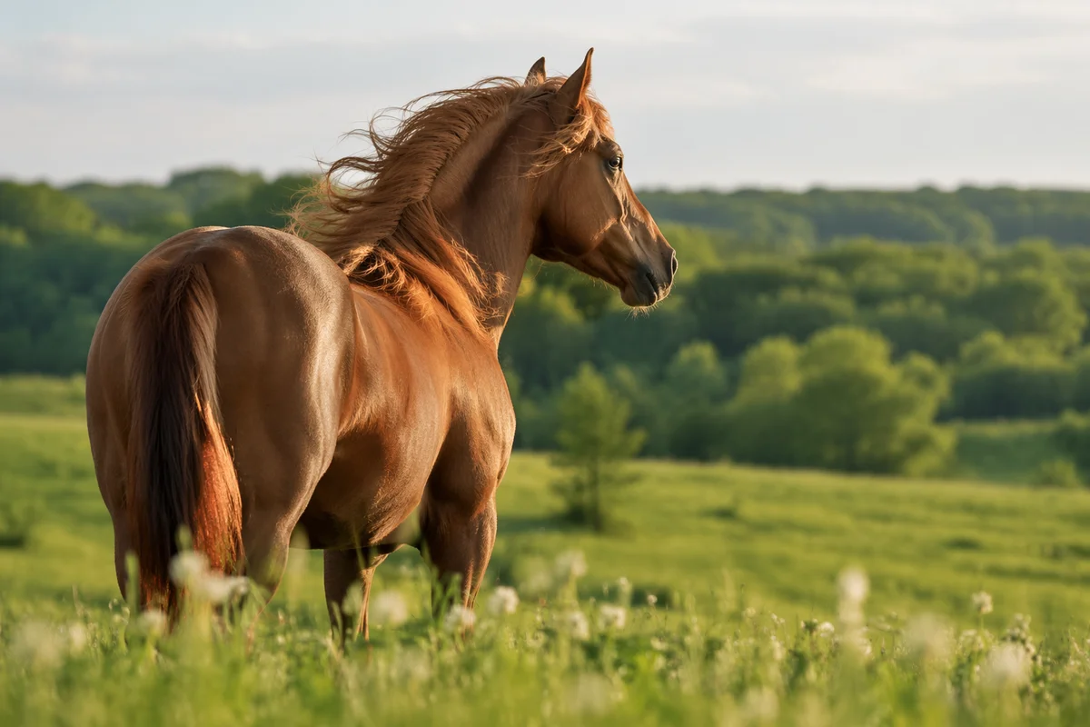 Chestnut Horse in Windy Green Pasture