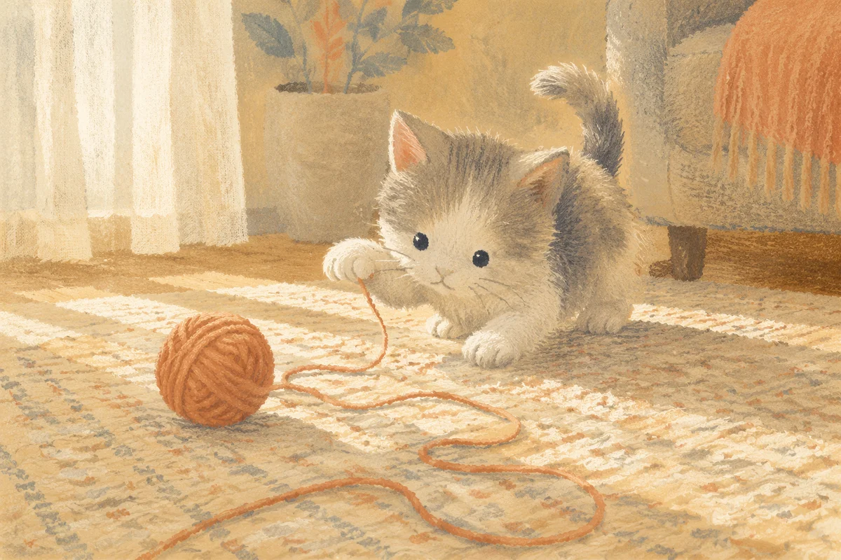 Playful Kitten with Yarn on Carpet
