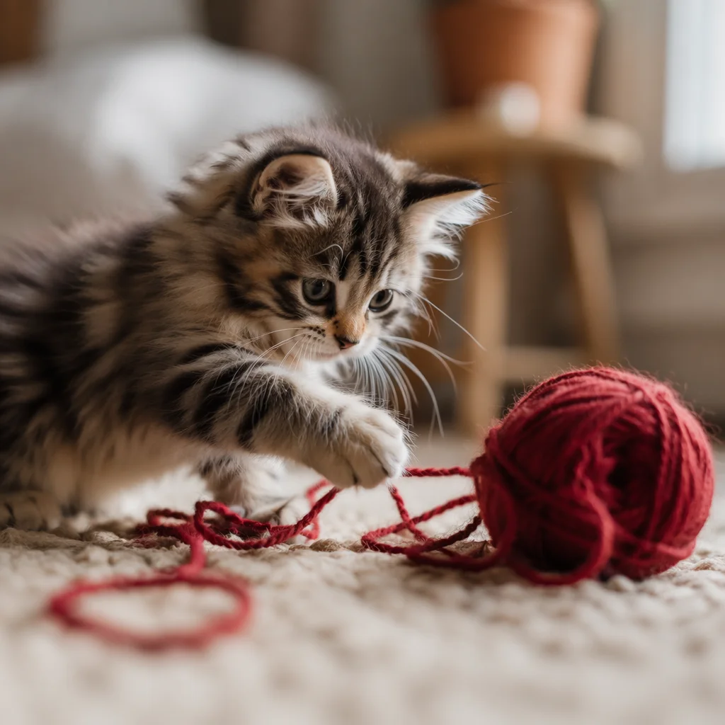 Fluffy Kitten Playing with Red Yarn