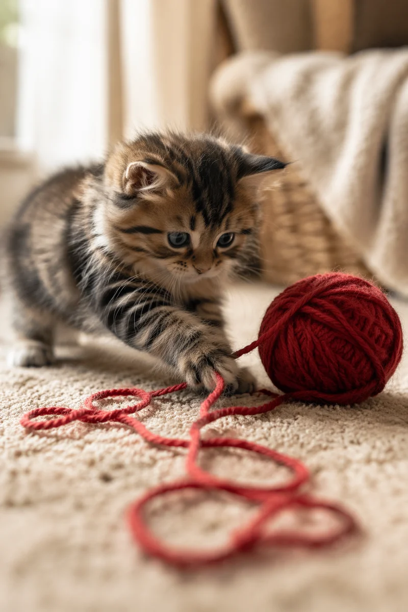 Fluffy Kitten Playing with Red Yarn