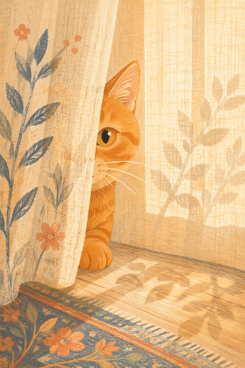 Curious Orange Cat Behind Sheer Curtain