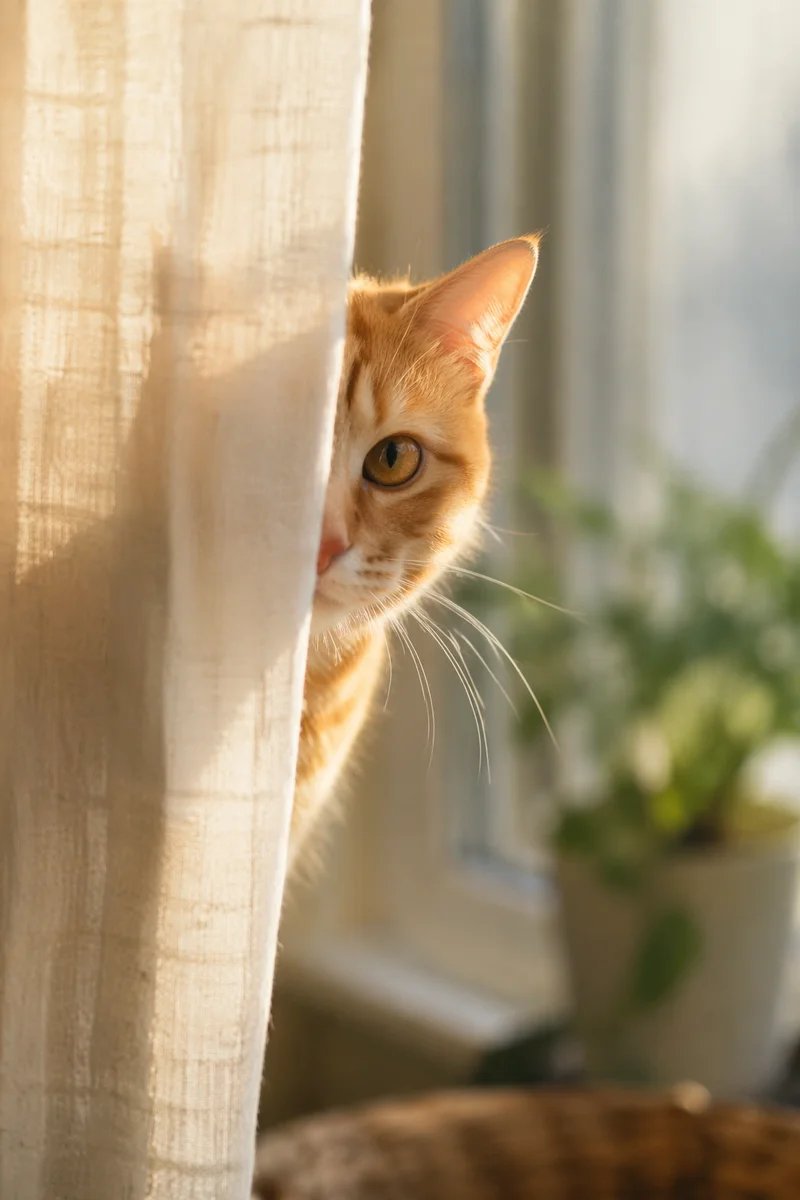 Curious Orange Tabby Behind Sheer Curtain