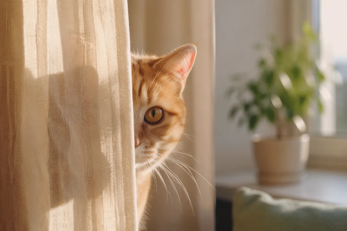 Curious Orange Tabby Behind Sheer Curtain