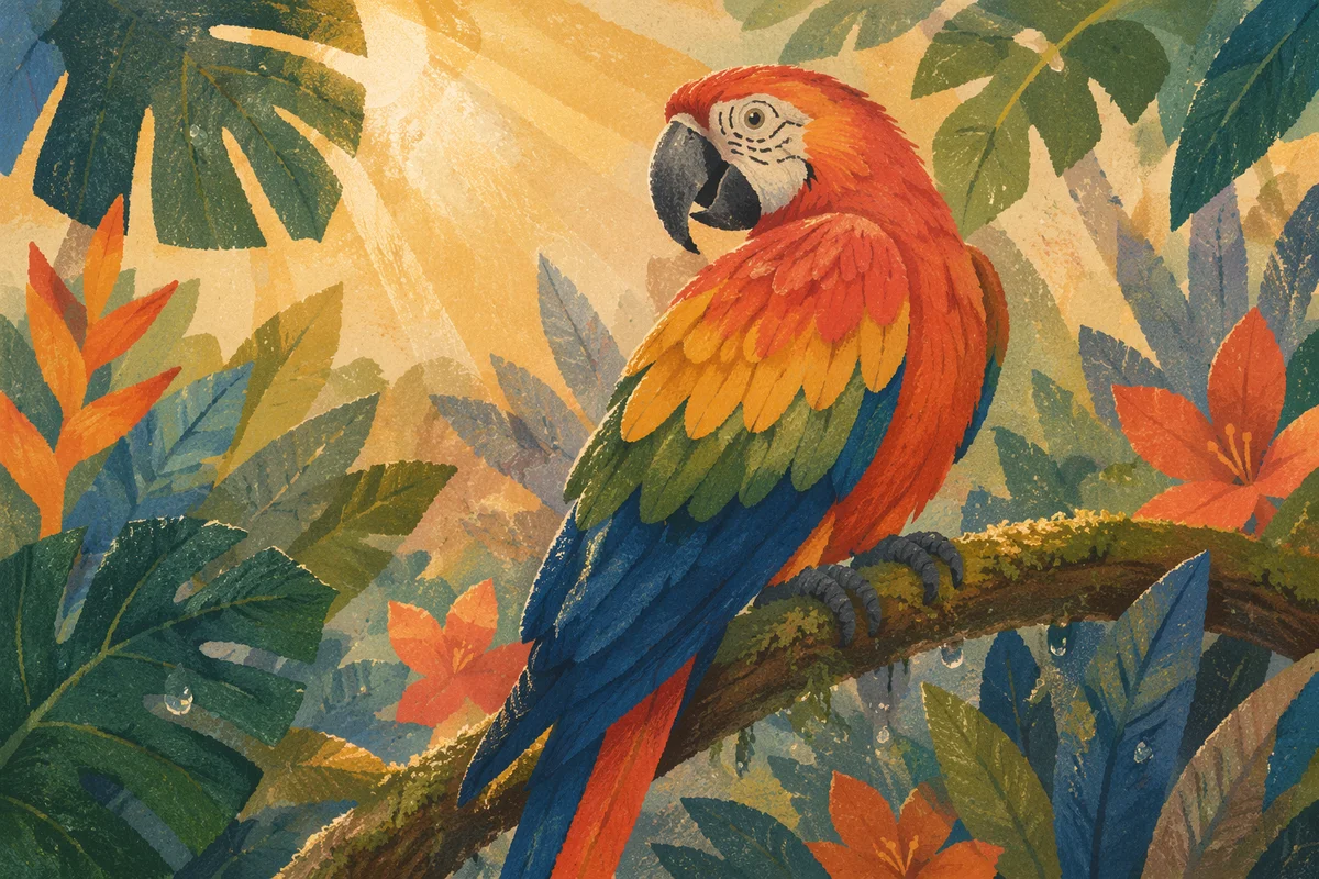 Vibrant Tropical Parrot on Mossy Branch
