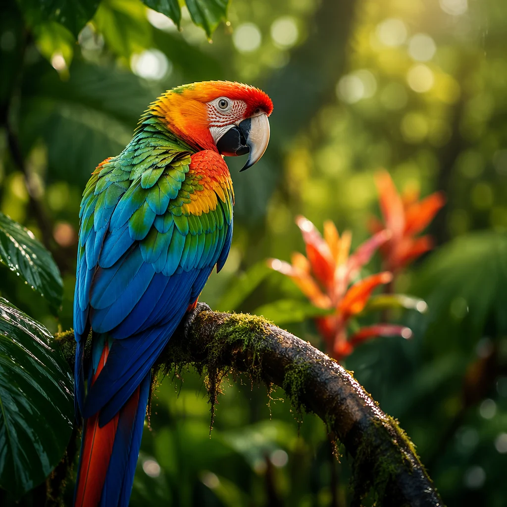 Colorful Tropical Parrot on Mossy Branch