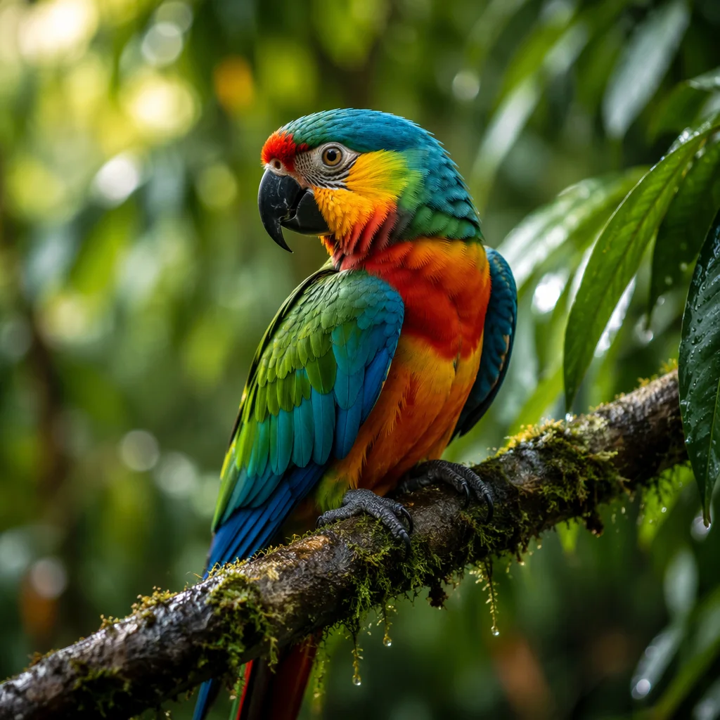 Vibrant Tropical Parrot on Rainforest Branch