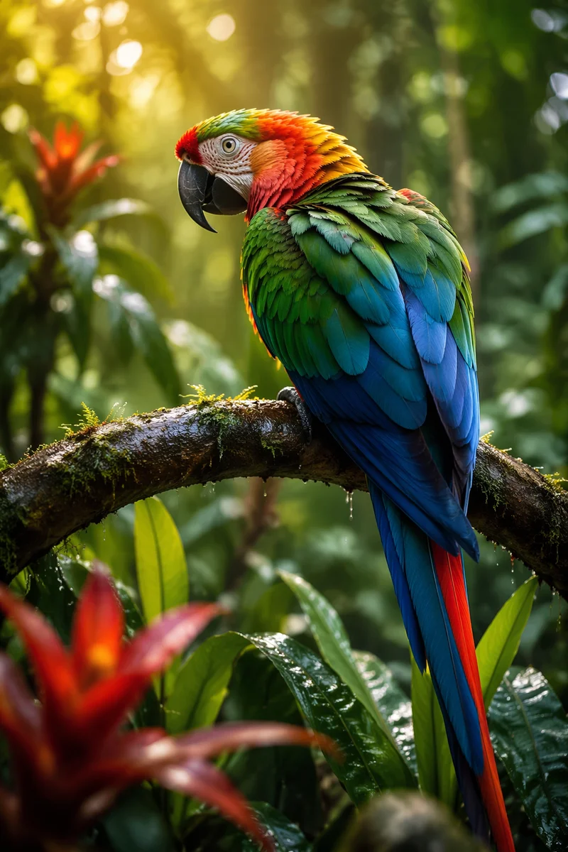 Colorful Tropical Parrot on Mossy Branch