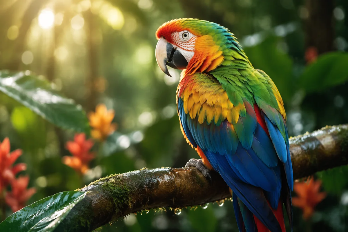 Colorful Tropical Parrot on Mossy Branch