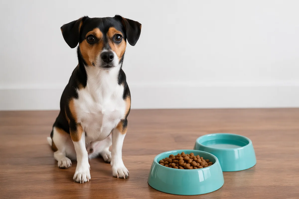 Tricolor Dog Waiting Beside Food Bowls