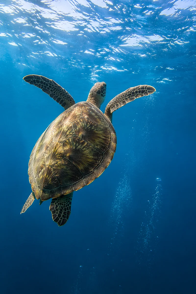 Sea Turtle Rising Through Blue Ocean