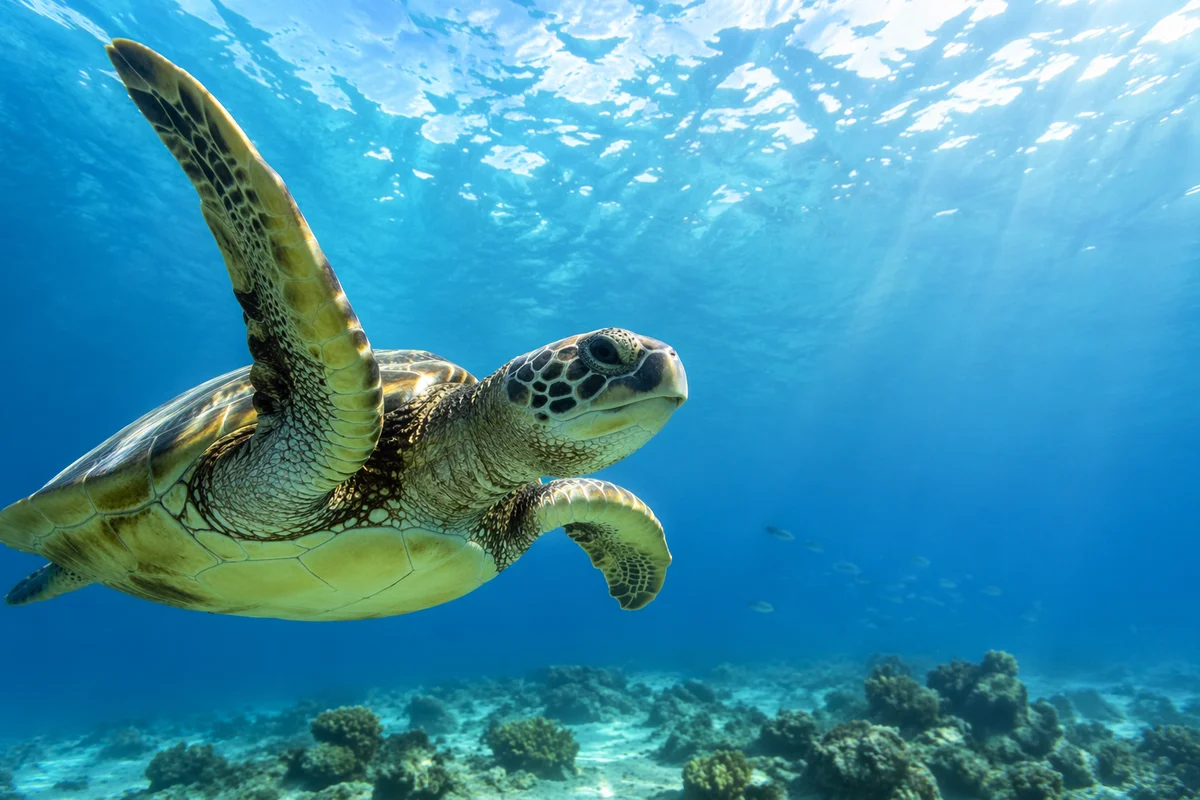 Sea Turtle Gliding Through Blue Ocean