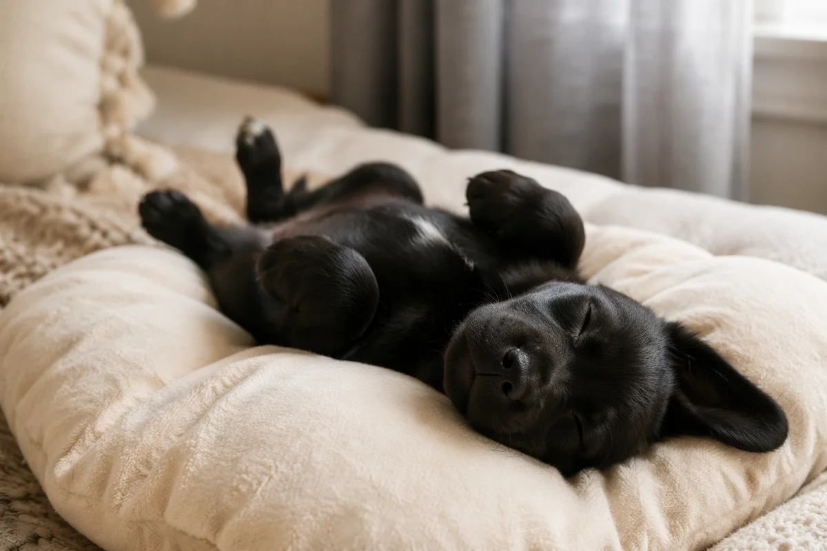 Sleeping Black Puppy on Cream Cushion