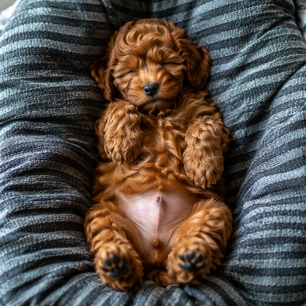 Sleeping Belly-Up Puppy on Cozy Cushion