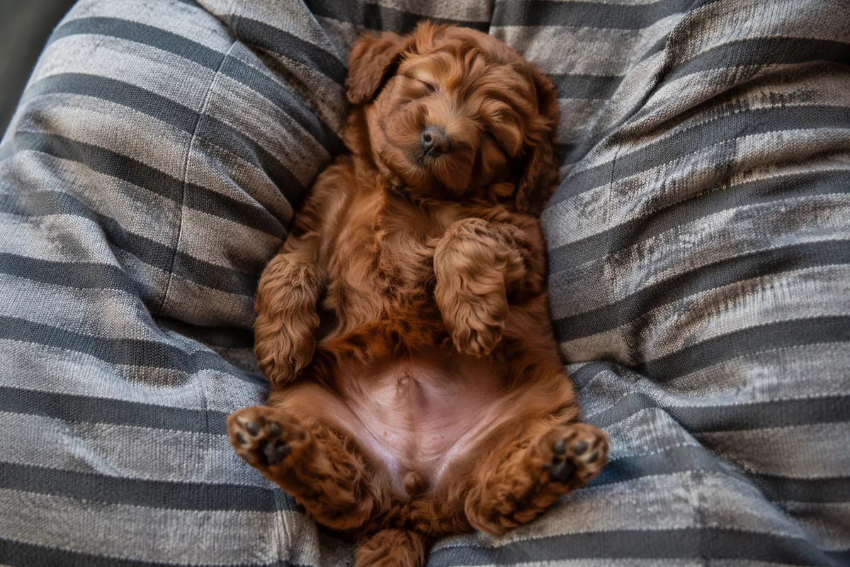 Sleeping Belly-Up Puppy on Cozy Cushion