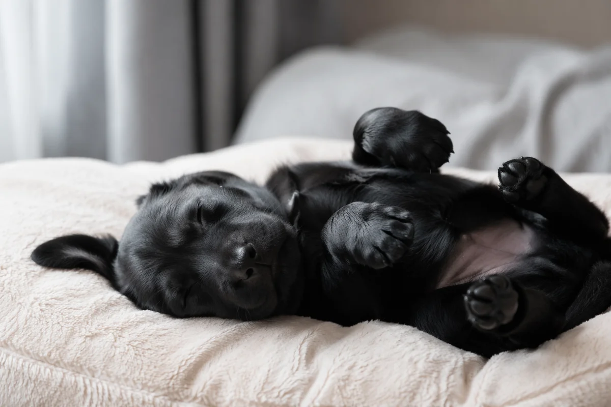 Sleeping Black Puppy on Cream Cushion