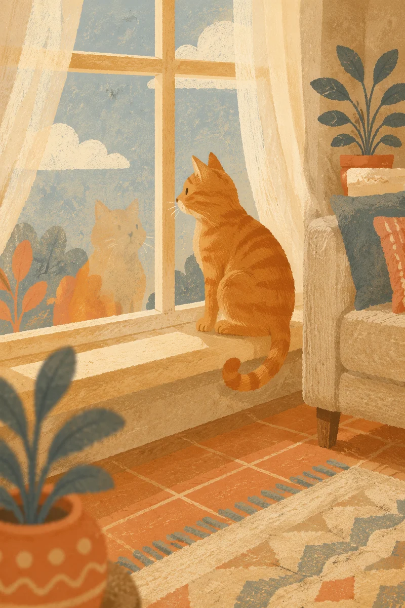 Sunlit Ginger Tabby on Window Ledge