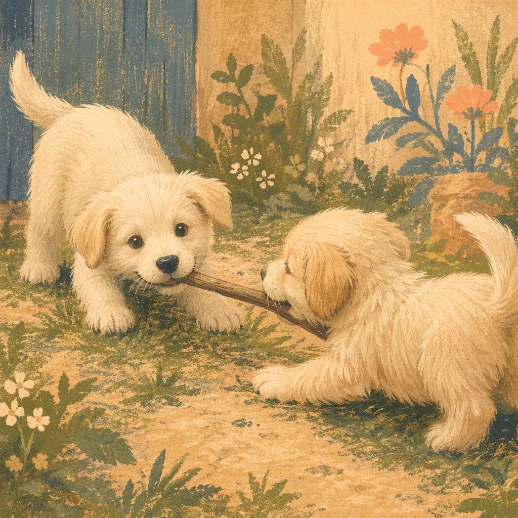 Playful Puppies Tugging Stick in Garden
